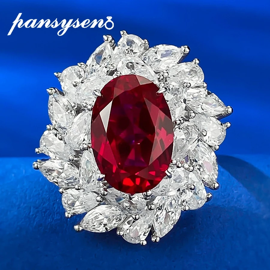 

PANSYSEN New Vintage 925 Sterling Silver Oval Cut 9x13MM Ruby High Carbon Diamond Wedding Engagement Ring Fine Jewelry Wholesale