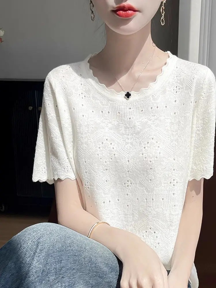 

Милый белый кружевной вязаный топ с деревянными ушками ор Све, тонкая мягкая футболка с вырезами, женский повседневный весенний топ Faion