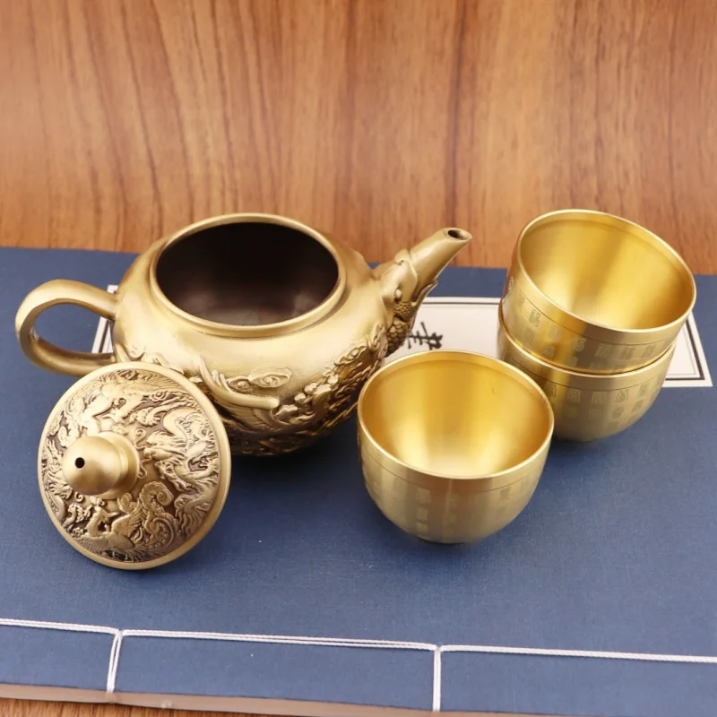 Factory Wholesale Pure Brass Kettle Dragon and Phoenix Teapot Tea Ceremony Tea Play Retro Home Decor Desktop Craft Ornament