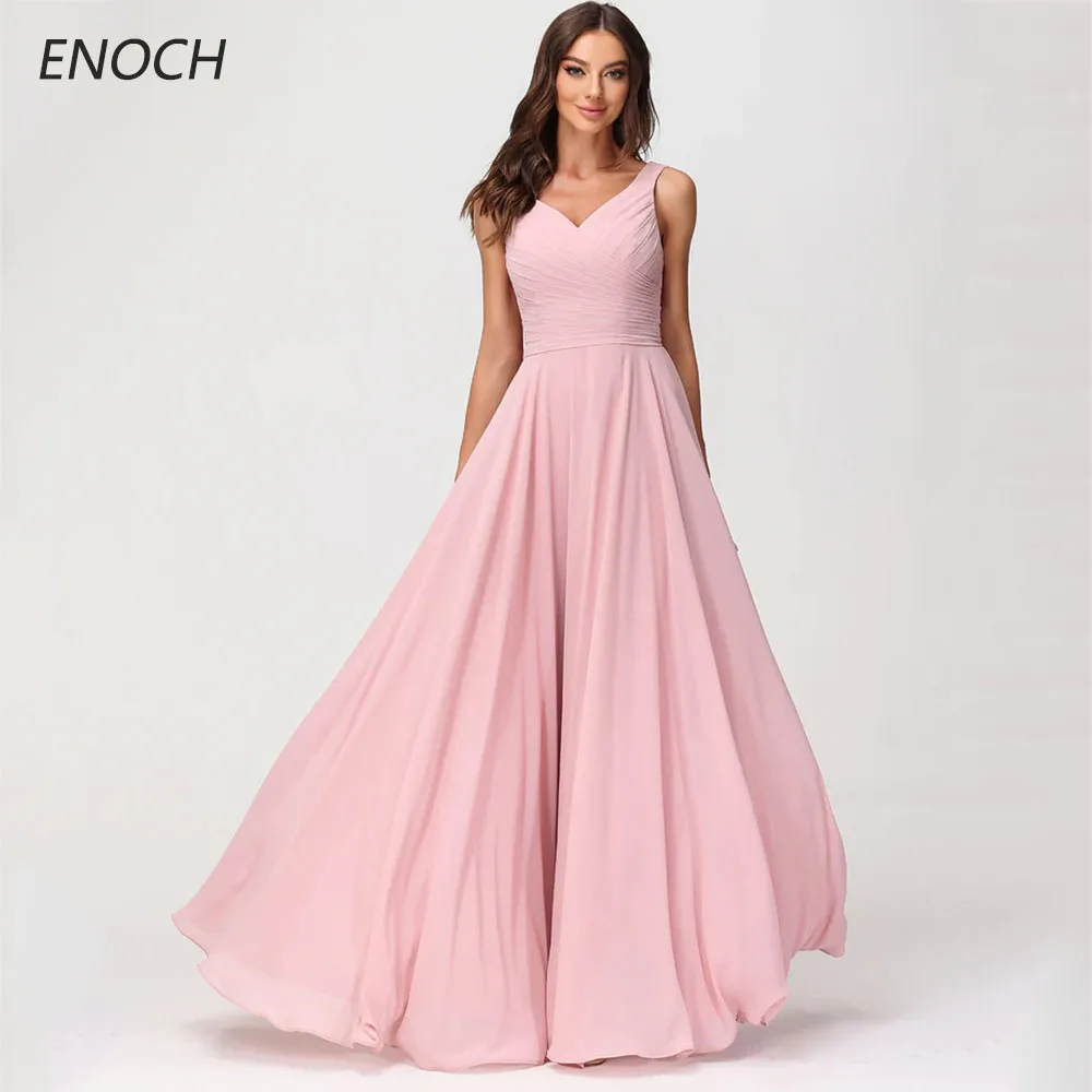 

ENOCH Simple Bridesmaid Dresses V-Neck Sleeveless Backless Zipper Chiffon Wedding Party Gowns Floor Length Vestidos De Fiesta