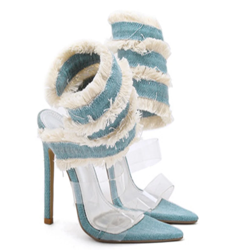 Europe and the United States cross-border sexy denim snake spring pointed head catwalk stiletto high-heeled sandals woman