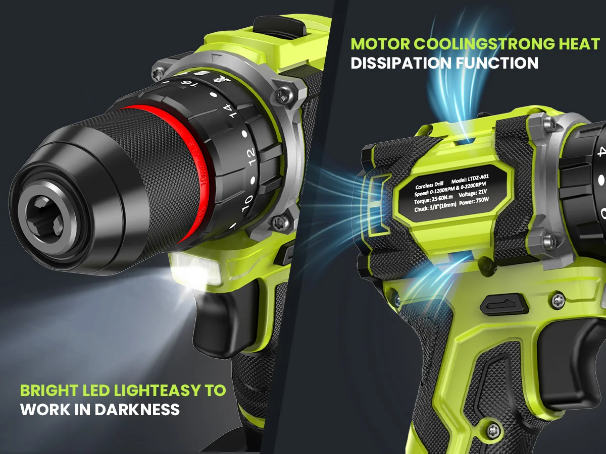 VOERJIA 21V Bürstenloser Akku-Bohrschrauber, 750W Elektrobohrmaschine mit 2 Akkus 2000mAh, 20+3 Drehmoment-Akku-Bohrmaschine, 3/8" Bohrfutter, 60N. – Detail 7