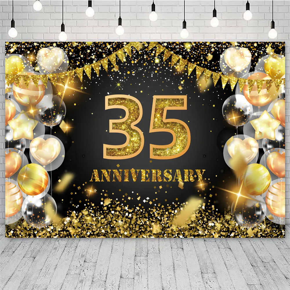 Photography Backdrop Happy Cheers To 35 Years 35th Birthday Banner Background Decorations For Women Men Anniversary Black Gold