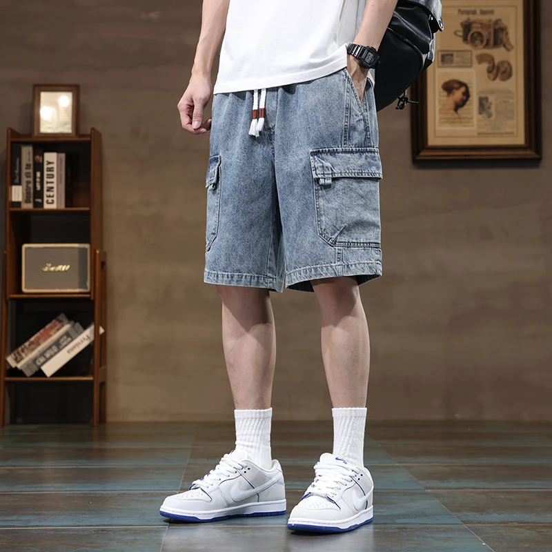 American retro jeans men's summer thin cut trendy brand five quarter pants loose straight leg trendy sports and casual mid lengt