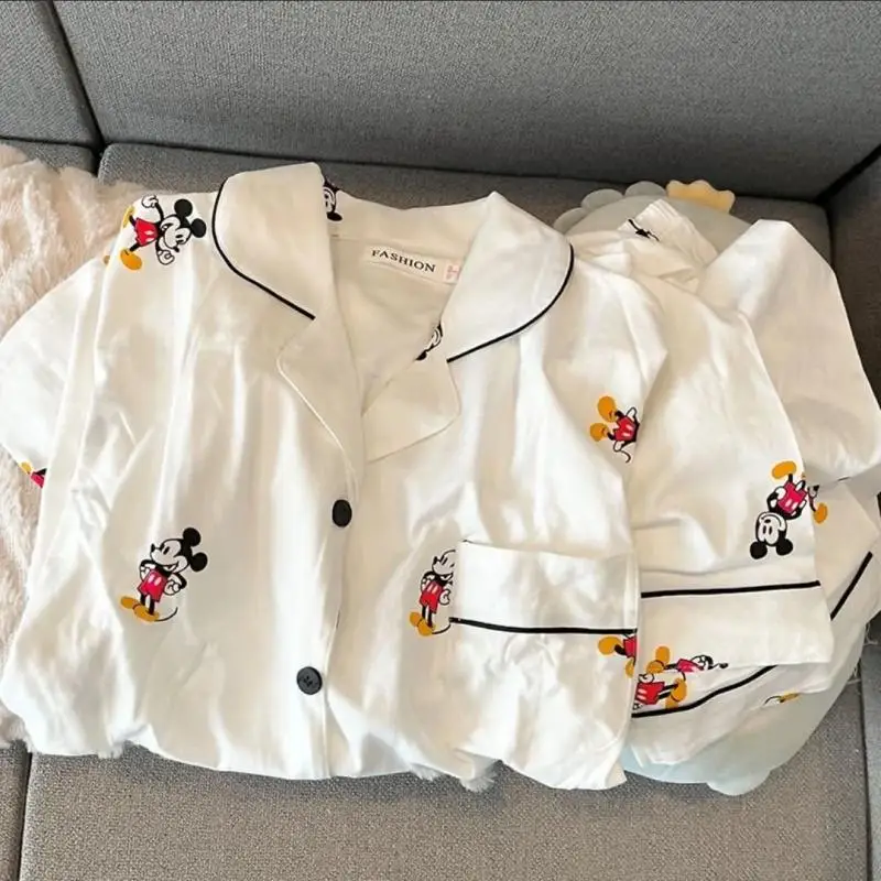 Kawaii Cartoon Mickey Mouse New Summer Pajamas Women Cloud Cotton Cardigan Short-Sleeved Shorts Homewear Suit Outside Pajamas