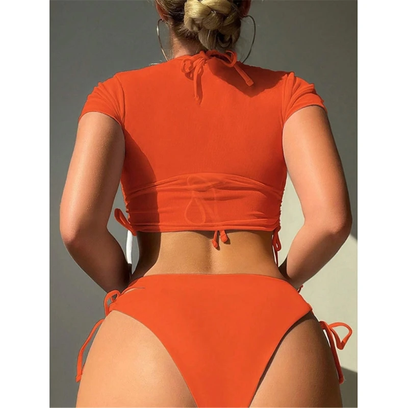 Women Bikinis Set Highs Waist Swimsuits Drawstring Swimwears 3 Pieces Long Sleeve Bathing Suit for Vacation