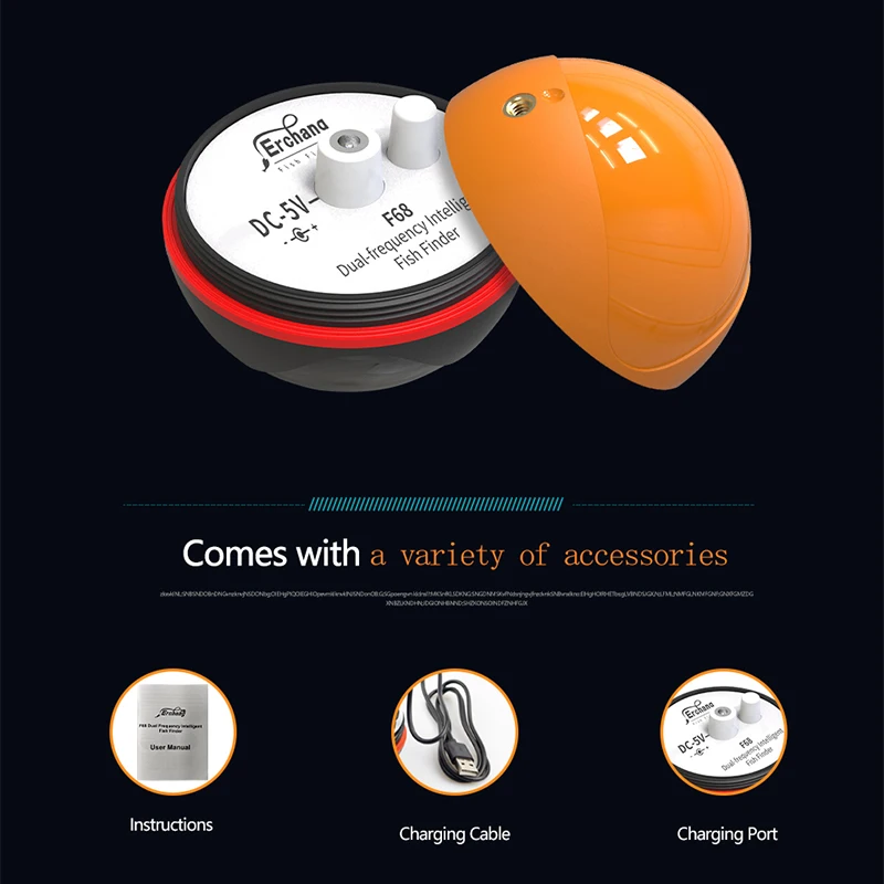 Erchang F68 WiFi صياد السمك مسافة 100 متر عمق 60 متر صيد لاسلكي مناسب لنظام iOS وأندرويد كاشف صدى صيد الأسماك في المحيط
