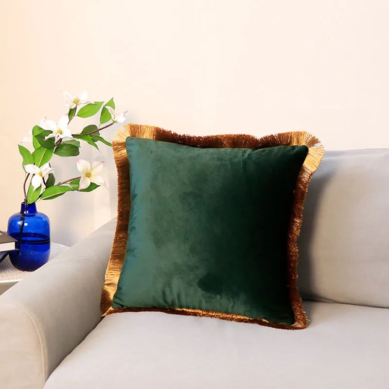 

Velvet Cushion Cover with Gold Tassels Edge, Monochromatic Pillowcase, Decorative Sample Room, Bed and Sofa