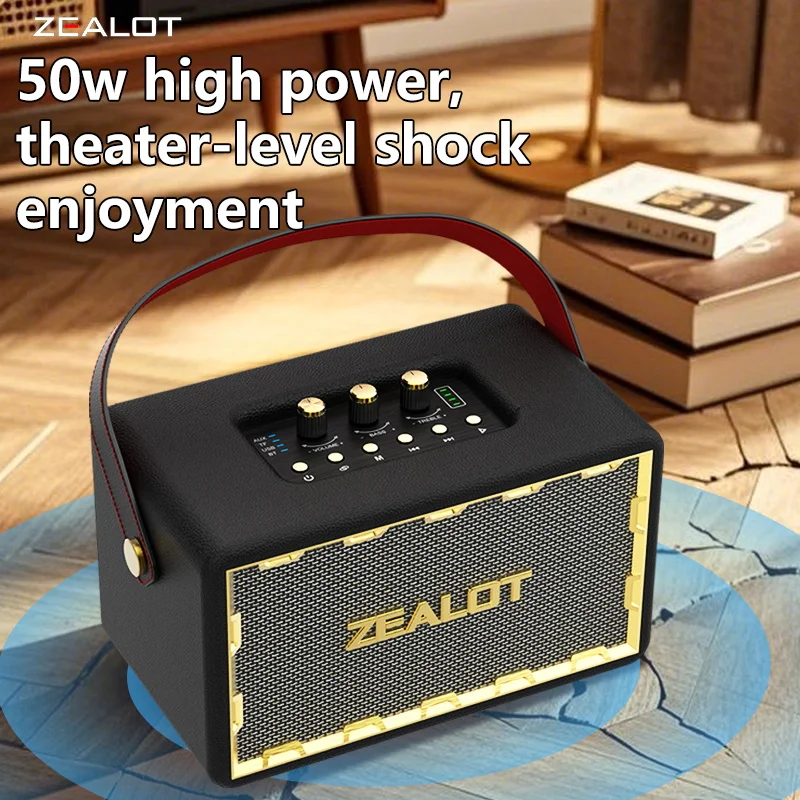 ZEALOT MT01 Altoparlante wireless portatile in legno da 60 W con 4 subwoofer, suono surround 3D per bassi di sovratensione, batteria a lunga durata 24000 mAh.