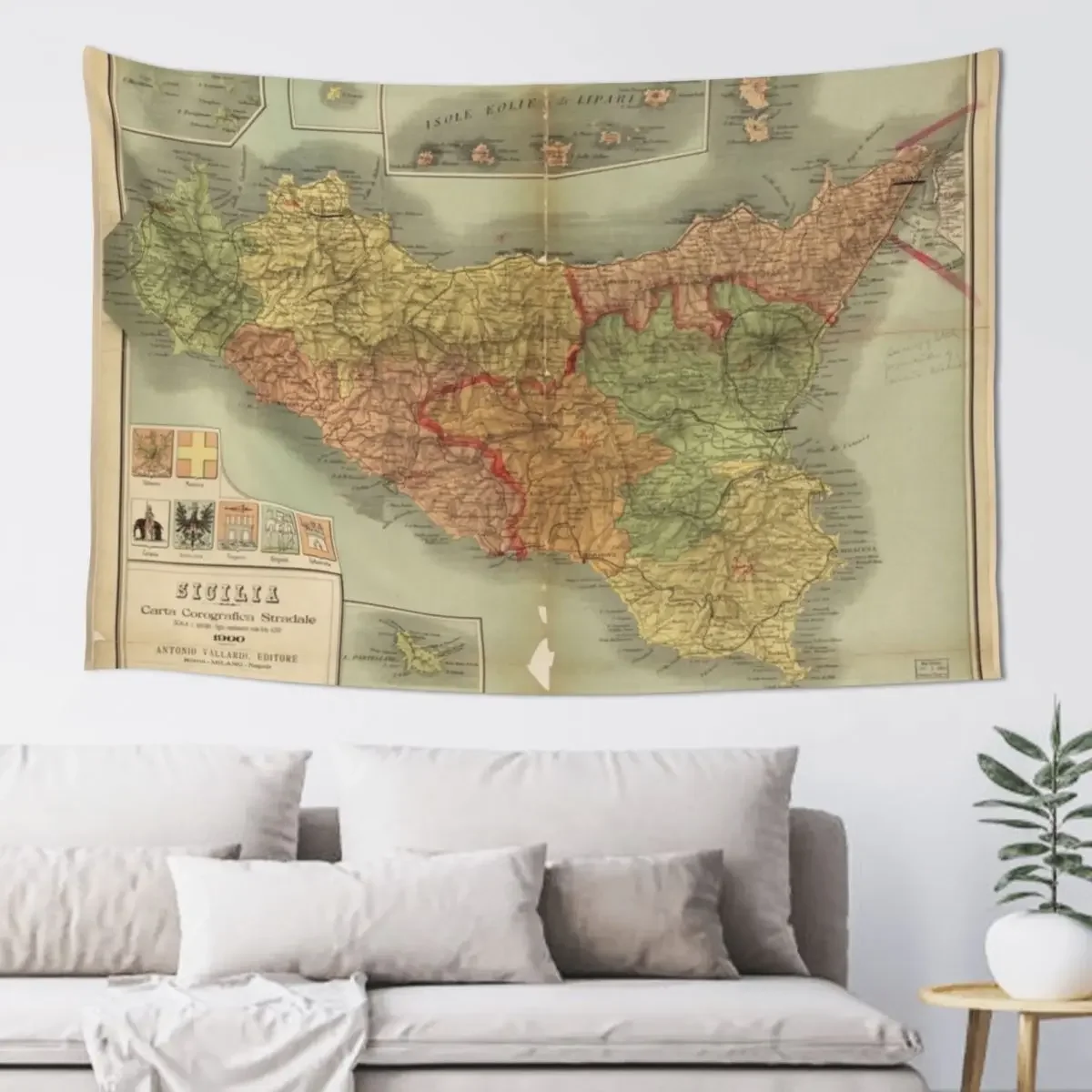 

Map of Sicily 1900 (Sicilia carta corografica stradale) Tapestry Korean Room Decor Art Mural Room Aesthetic Decor Tapestry