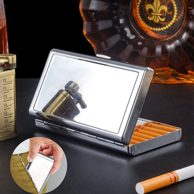 Ultra Thin Metal Cigarette Case - Mirror Finish with Clip, Portable Holder for 14 Cigarettes Accessory