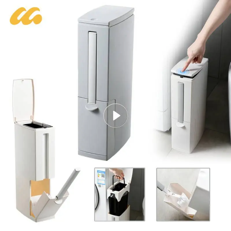 Press Type Open Cover Trash Can Square Paper Basket Toilet Brush Integrated Garbage Bin Japanese Bathroom Narrow Seam Waste Bin