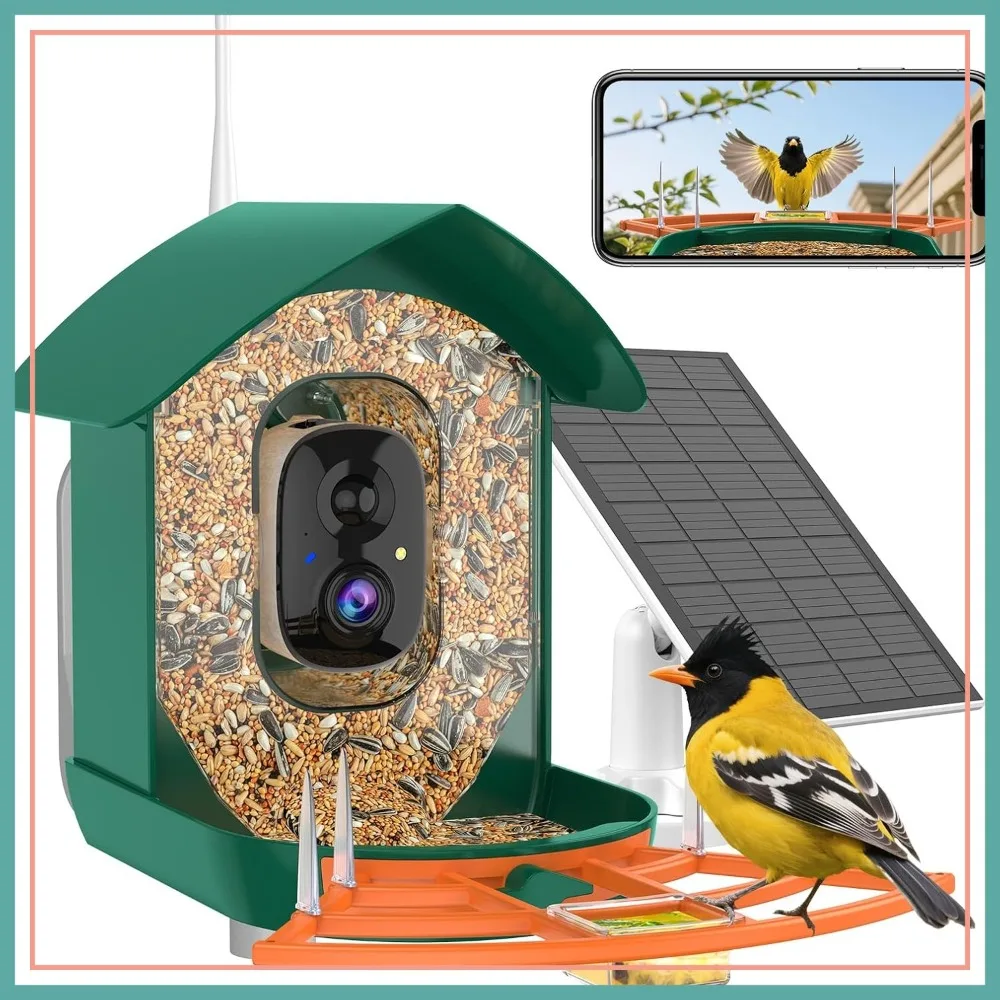 WiFi Smart Bird Feeder Camera, Solar Powered, AI Identify, 2K Live View, Night Vision, Auto Record, Birdwatching Gift