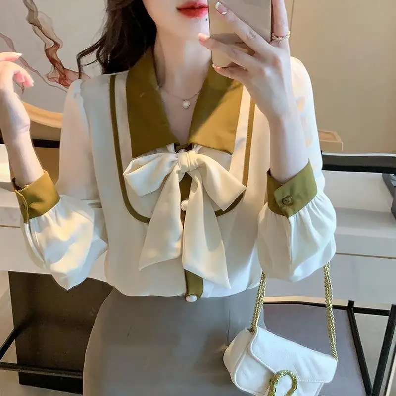 Elegant Contrast Patchwork Blouse Bow Lacing Youth All-match Shirt Tops Spring Autumn New Fashion Temperament Women Clothing