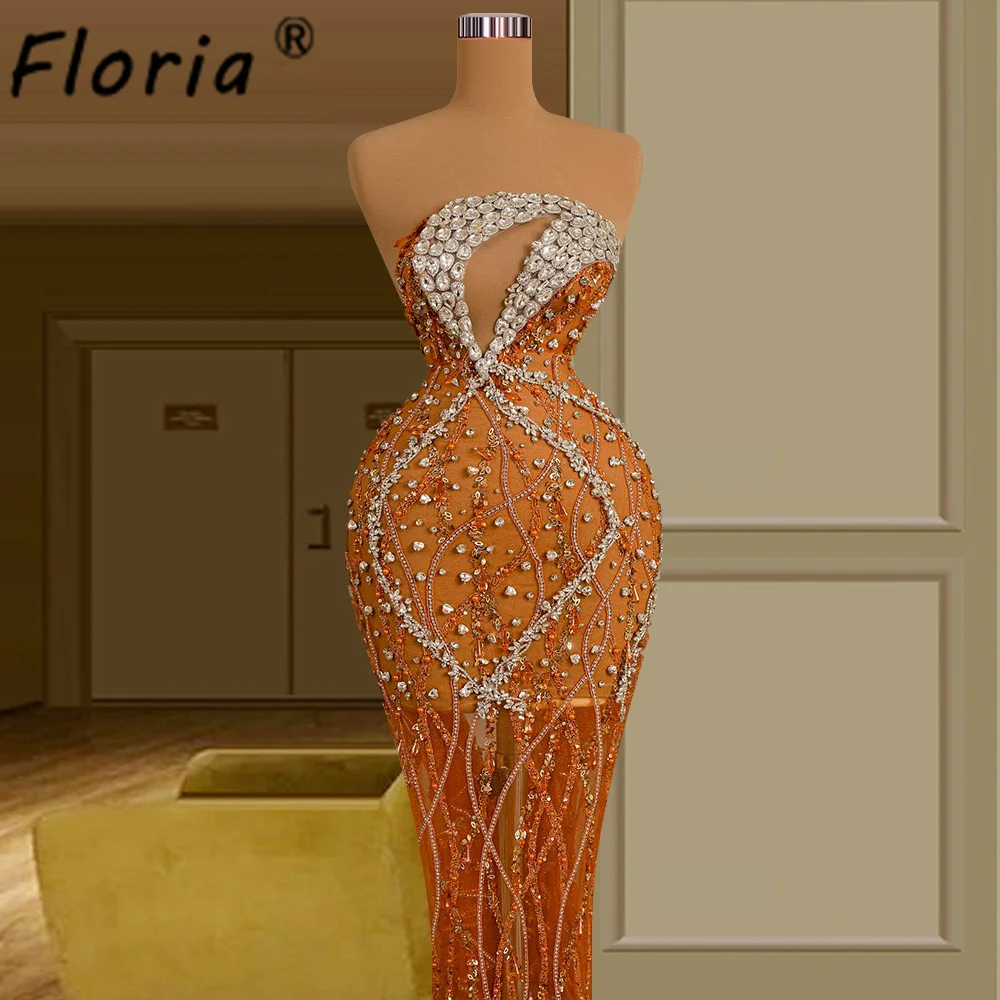 Luxury Orange Mermaid Evening Dresses Feathers Crystal Stones Formal Occasion Gowns Sexy Backless Wedding Party Dress Plus Size