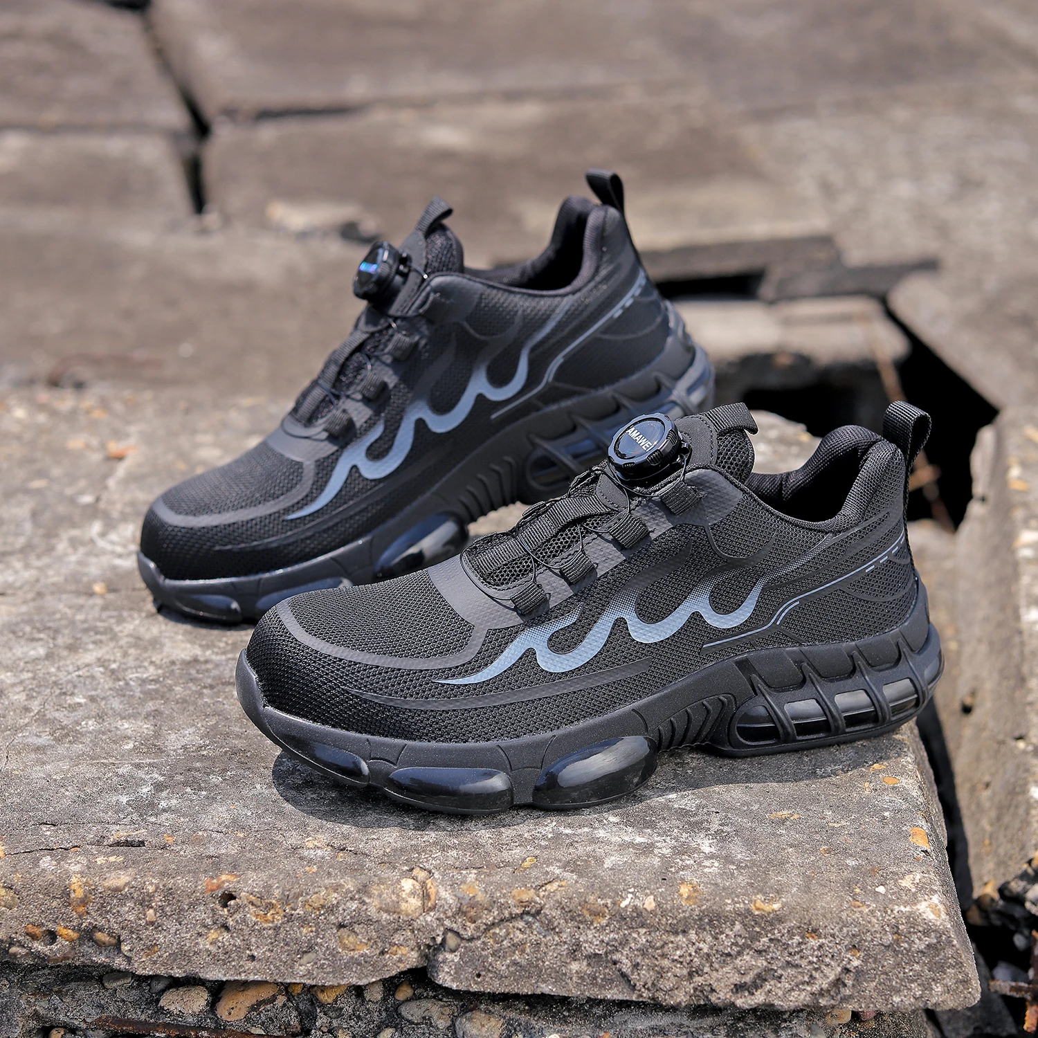 Steel Toe Work Boots Safety Toe Boots for Men Anti-smash Puncture-Proof Safety Shoes Rotary Button Non-Slip Work Trainer Black