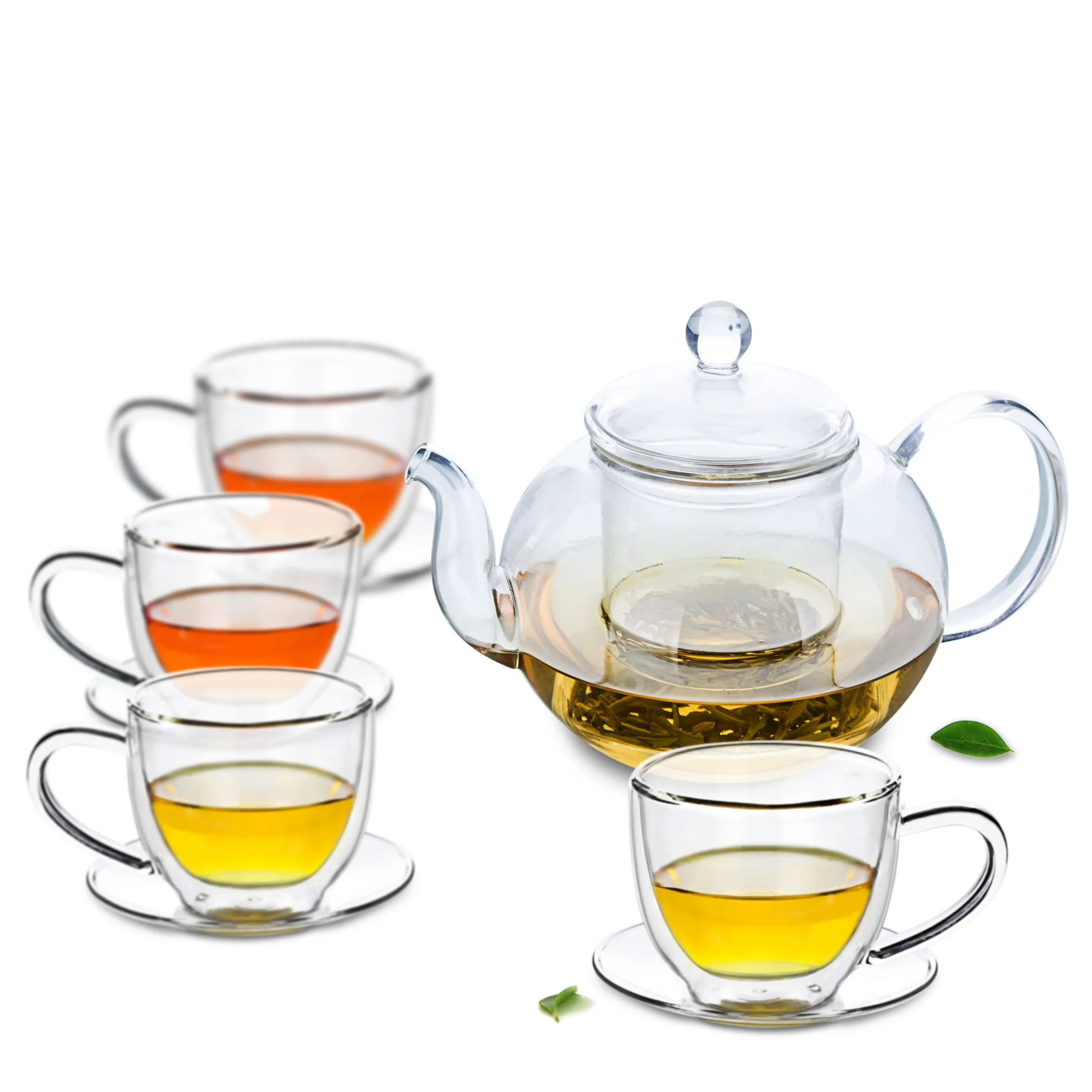 

Glass Coffee Tea Pot & 4PC Double Walled Cups w/ Handle & 4PC Glass Saucers