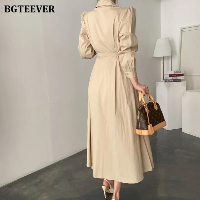 BGTEEVER Vintage Turn-down Collar Single-breasted A-line Dress Women Elegant Long Sleeve Belted Slim Waist Female Dress vestidos