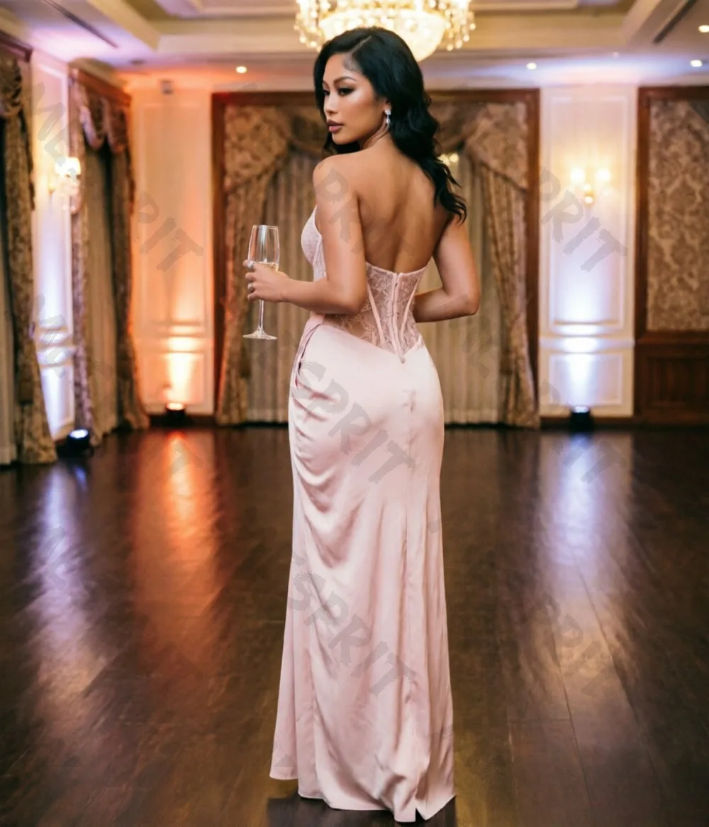 Customized Hanging Neck Fishbone Waist Sexy Evening Gowns with Lace Patchwork Side Slit Long Sleeveless Cocktail Party Dresses