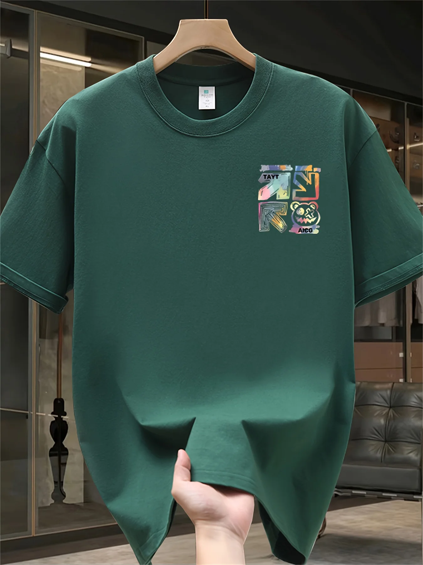100% cotton men's casual loose T-shirt fashionable trendy brand pattern printed breathable round neck short sleeved top image 2