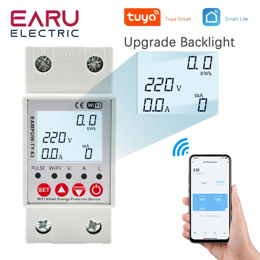 2P 63A TUYA APP WiFi Smart Circuit Earth Leakage Over Under Voltage Protector Relay Device Switch Breaker Energy Power kWh Meter