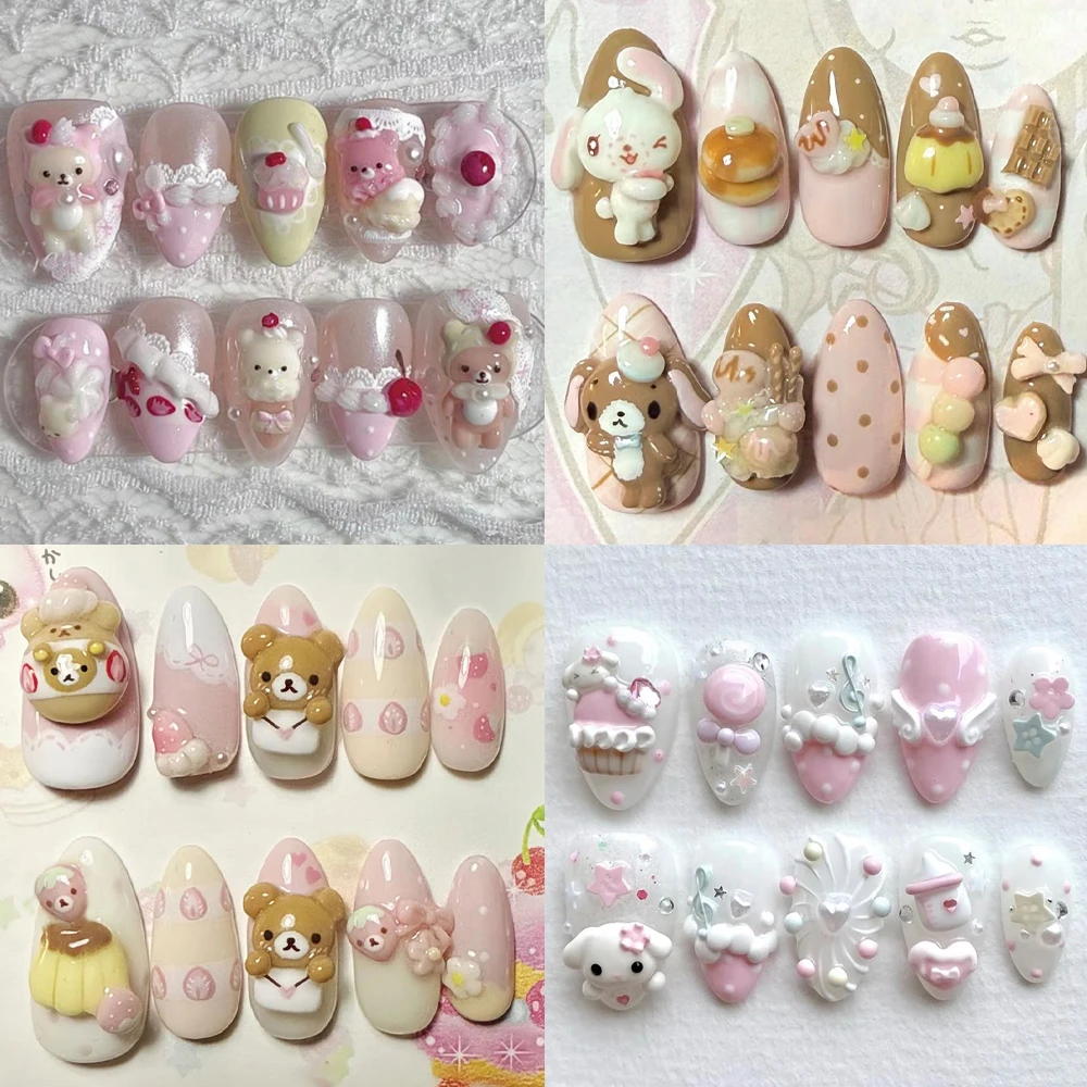 

Handmade 3D Doll Sweet Rabbit Cat Rilakkuma Press On Nails Art Pink Chocolate Dessert Cream Cartoon Almond Fake Nails Sticker