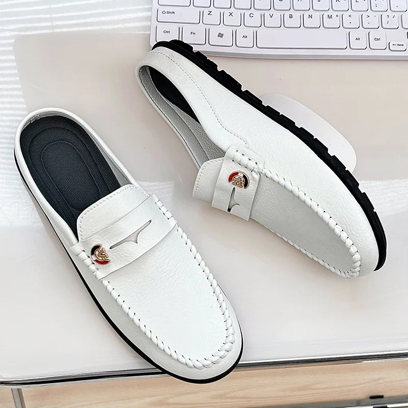 Men Slippers Fashion Leather Loafers Moccasins Outdoor Non-slip Casual Driving Shoes Men Mules Slides Comfortable Beach Sandals