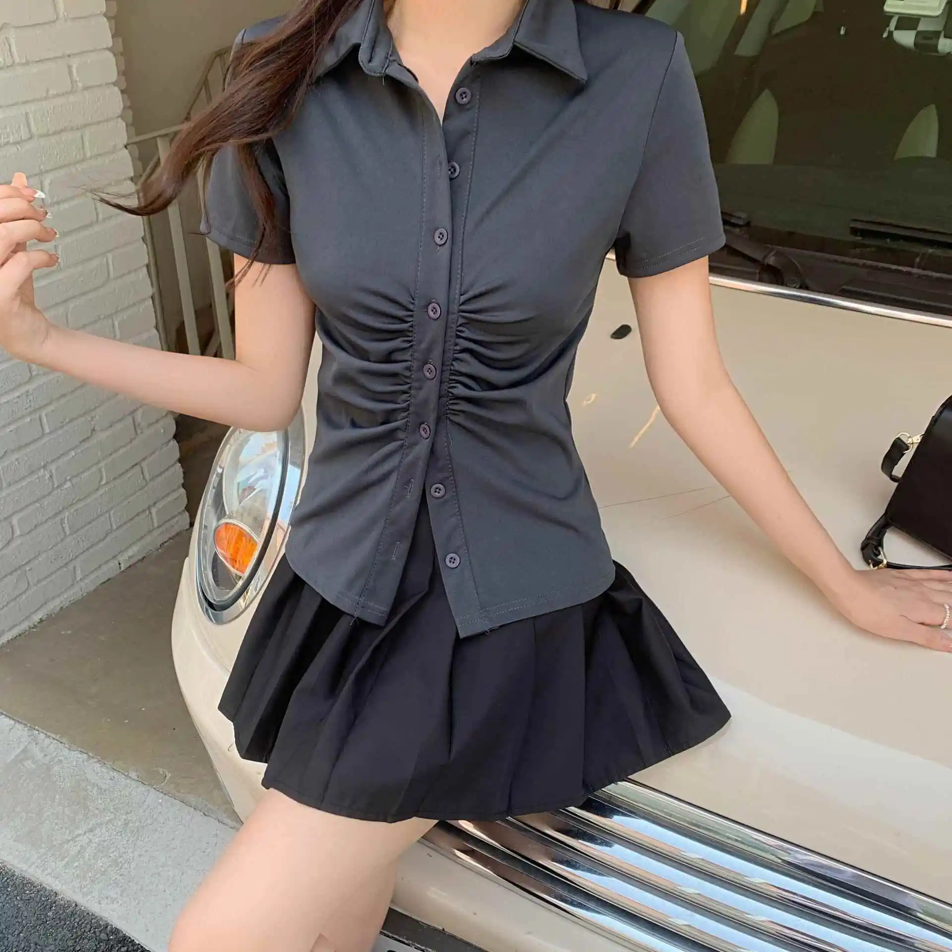 

Women's Pure Color irt ort Sve Pleated Waist Inward Cross Work ort Sve irt Summer Faion Women's Top Pure Color