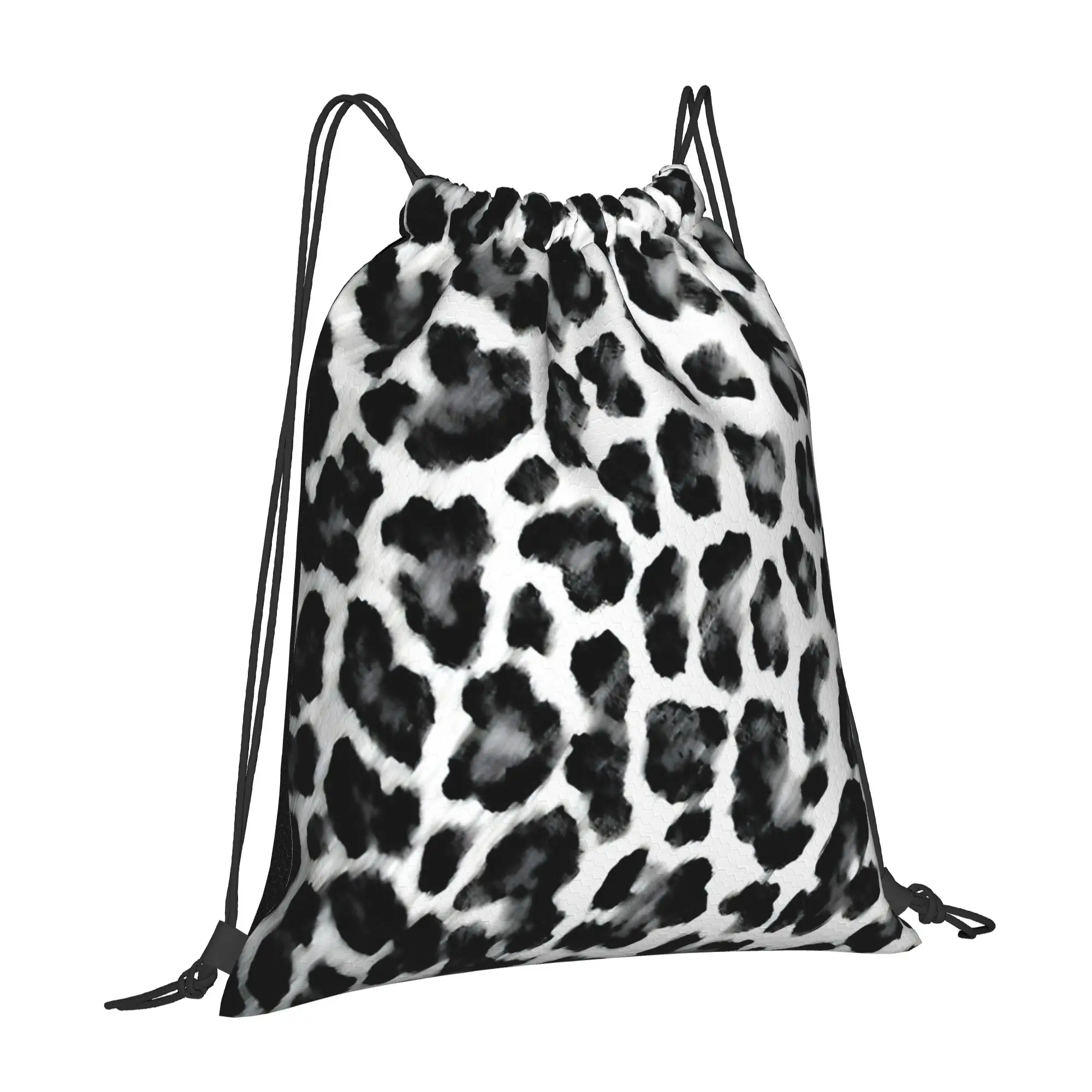 Black & White Leopard Print Leopard Print Portable Hiking Drawstring Backpack Riding Backpack Gym Shoes Drawstring Bags