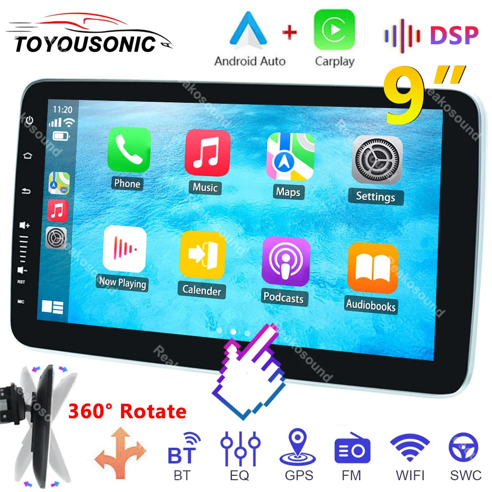 TOYOUSONIC 1 din Carplay Android Auto 9inch 360° rotatable Touch Screen Car Radio WIFI GPS USB BT Autoradio Multimedia Player