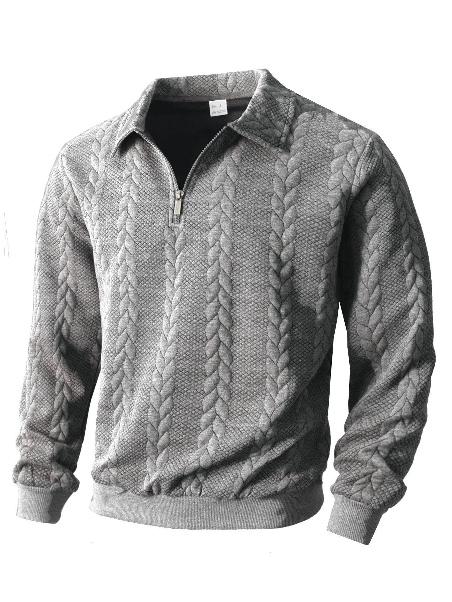 Mens Lapel Half Zip Sweatshirt Long Sleeve Cable Textured Pullover Relaxed Fit Tops For Daily Casual Autumn And Winter Dressing