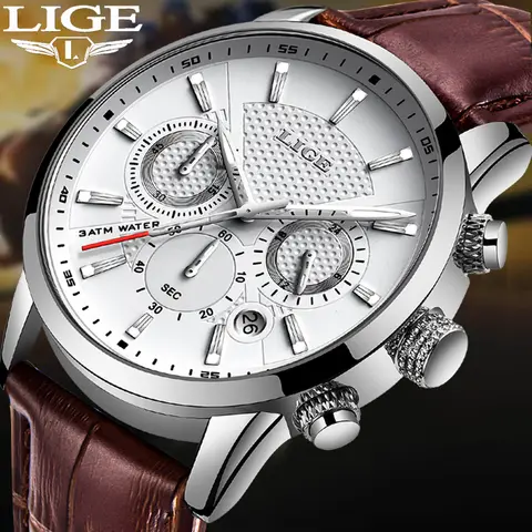 LIGE New Brown Leather Watch for Men Fashion Top Brand Luxury Men's Quartz Wristwatches Casual Waterproof Luminous Chronograph