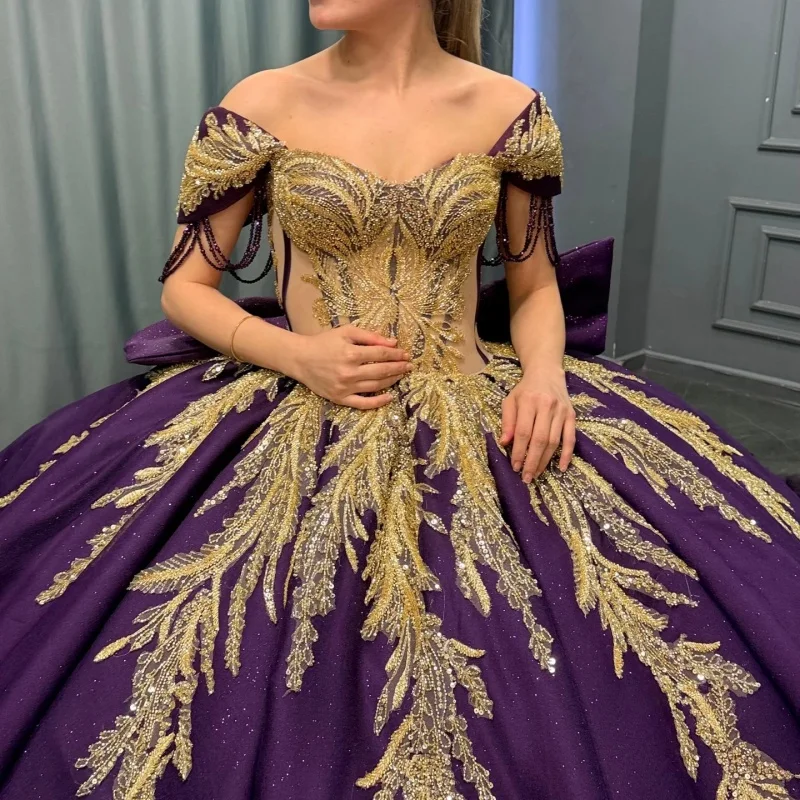

Shiny Purple Quinceanera Dresses Off the Shoulder Glitter Lace ruffles Decal Long tail Bow Vestido De 15 Quinceanera Customize