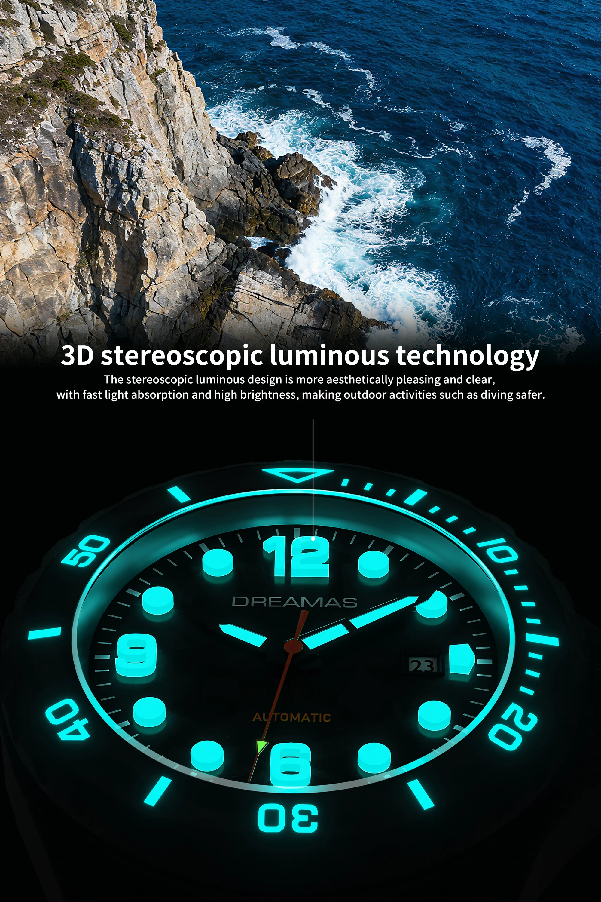 DREAMAS Herren-Taucheruhr aus Kohlefaser, automatische mechanische Taucheruhr, 500 m wasserdicht, Schweizer 3D-Leucht-Sport-Armbanduhr – Detail 12