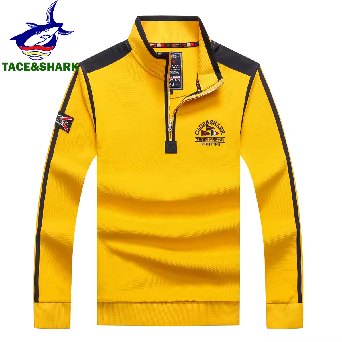 TACE&SHARK 2023 Casual Business Yellow Polo Shirt Pullover Half Zipper Patchwork Polo Shirt for Men Fashion Shark Embroidery
