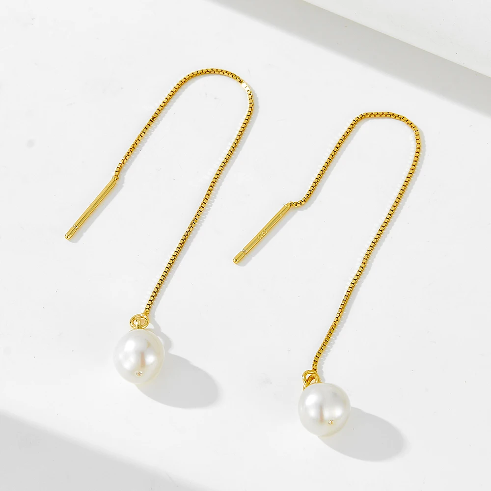 

925 Sterling Silver 14K Gold Plated Pearl Tassel Long Chain Stud Earrings Jewelry For Women