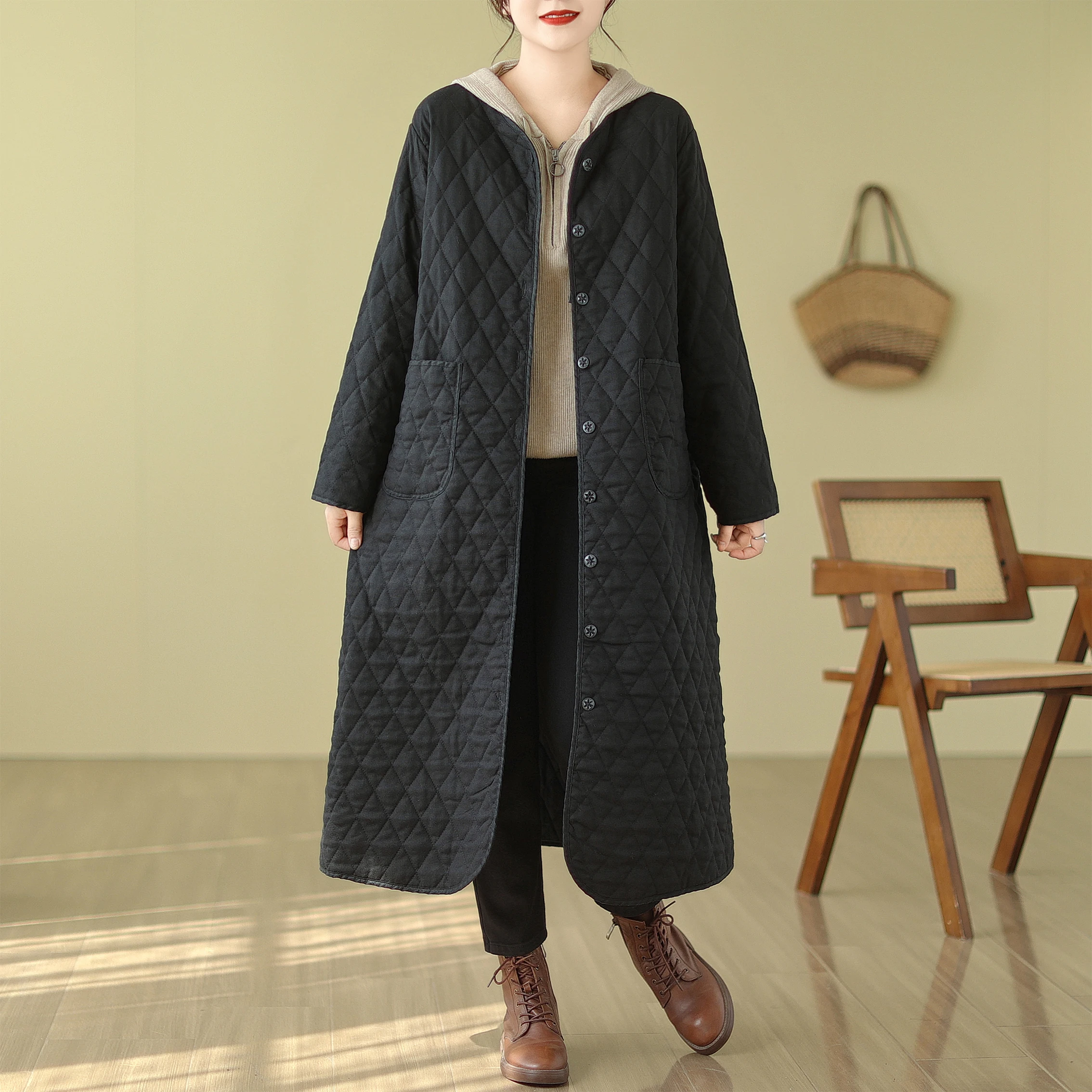 Retro Pure Color Diamond Pattern Cotton Jaet Women's Plus Size Loose V-Ne Slimming Long Coat Winter New Sle Commute
