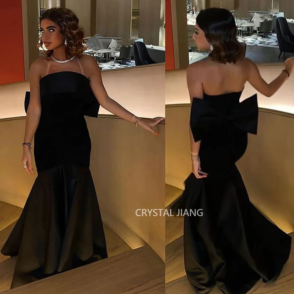 

Vintage Long Black Strapless Spandex Evening Dresses Sleeveless with Bow Mermaid Sweep Train Robes De Soirée for Women