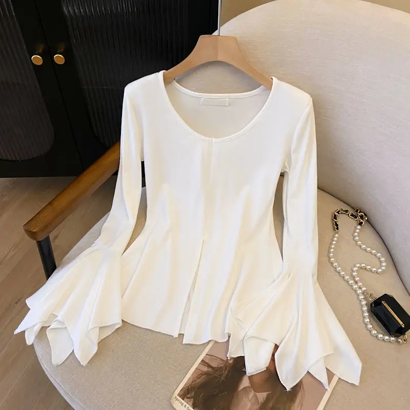 

Autumn and Winter Design Slit T-shirt New Style Flared Sleeve Base Waist-hugging Temperament Versatile Long-sleeved Top