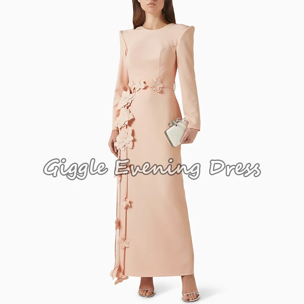 

Fashion Scoop Collar Crepe Evening Dresses with Handmade Flower Sash Long Sleeve Ankle Length Straight Dinner Party Dress