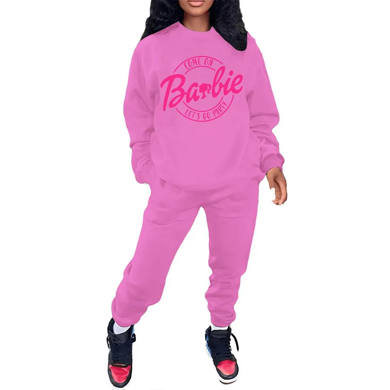 American Casual Cartoon Barbie Hooded Sweatshirt Set Autumn Winter Comfortable Large Size Sports Sweatshirt Two-Piece Set