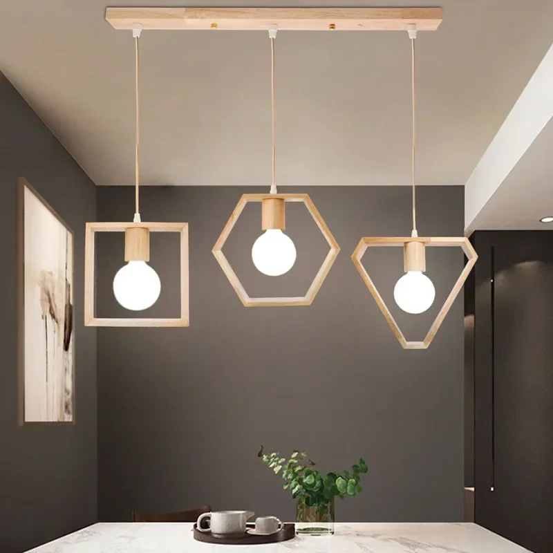 

Wooden Pendant Lamp Indoor Home Living Room Hotel Decortive Nordic Simple Natures Wood Geometric Hanging Lights E27