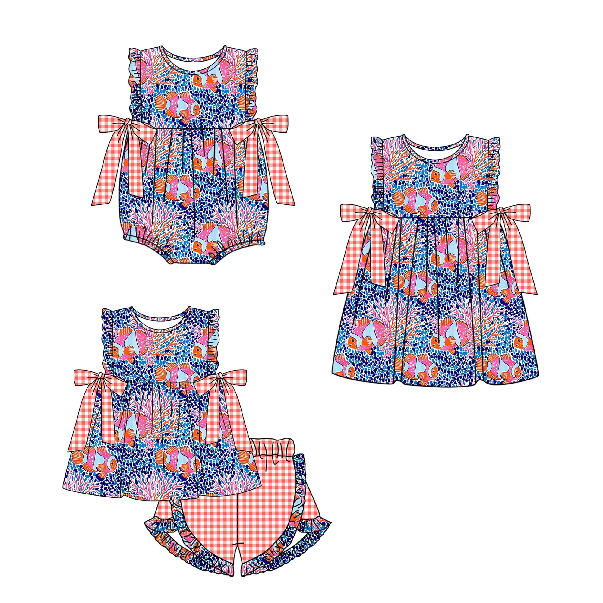 Kids Summer Toddler Girl Tropical Floral Fish Outfits Girls Ruffle Sleeveless Dress Gingham Bow Shorts Sets With Baby Romper