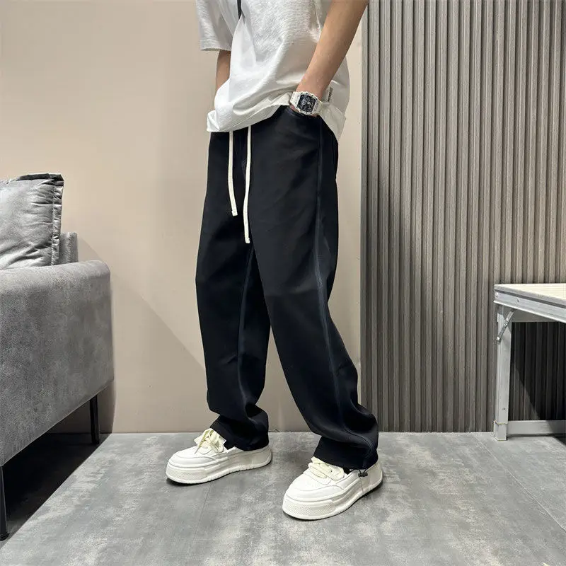 

Youth Trendy 2024 Spring New Wei Pants Men's Solid Color Pockets Drawstring Elastic High Waisted Loose Straight Casual Trousers