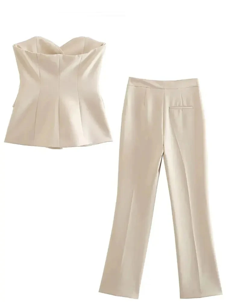 HH 2024 Women Fashion Solid Pant Suit Sleeveless Off Shoulder Single Breasted Tube Top+Simple All-match Straight Trouser Set
