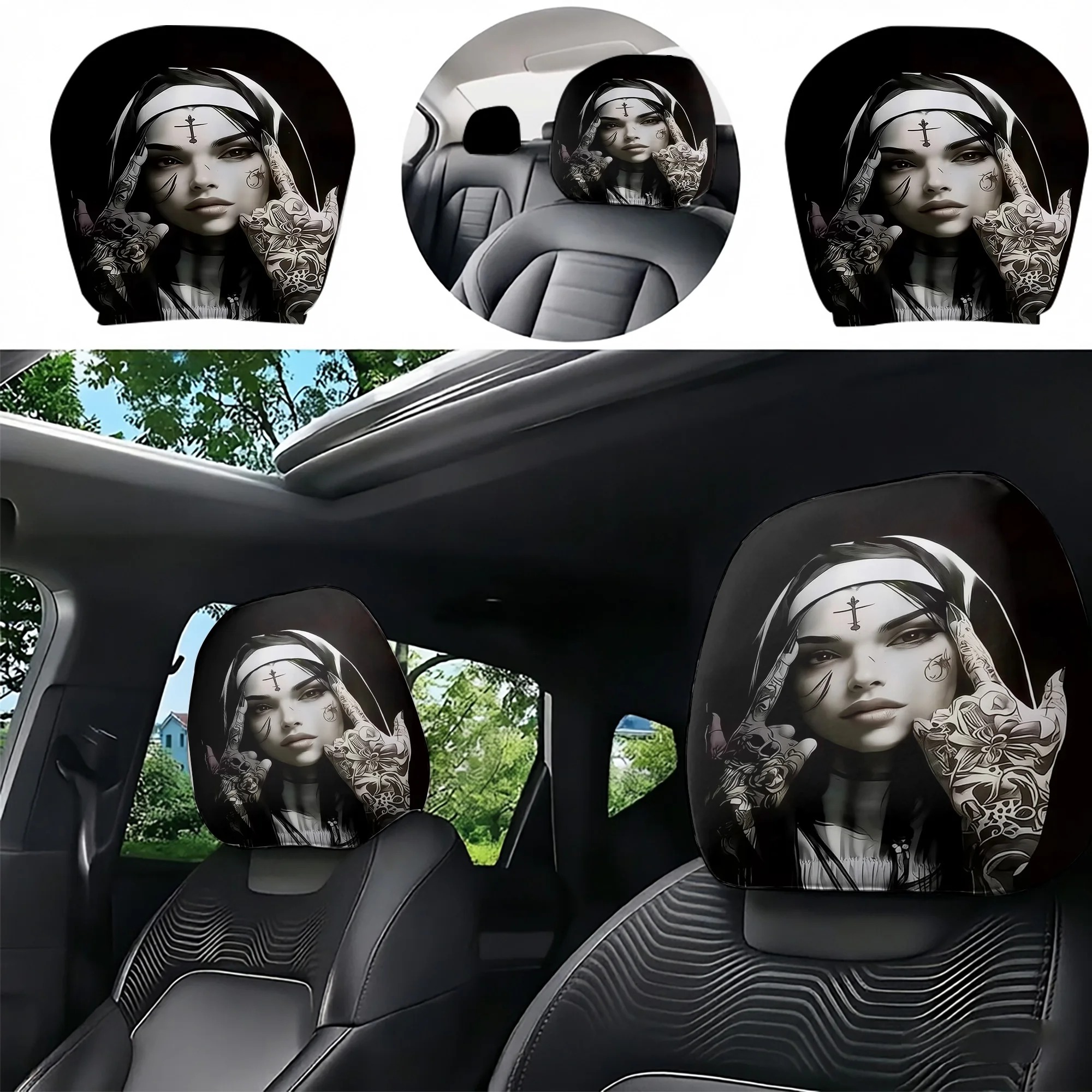 2pcs Gothic Nun-Patterned Car Headrest Covers, adding a unique and avant-garde style to your car’s interior. Filling not include
