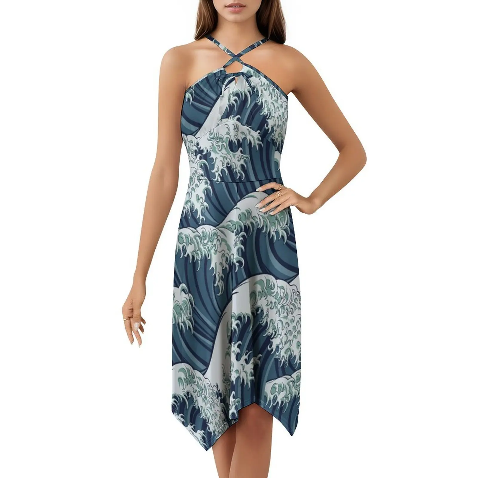 فستان ياباني بنمط موجة رائعة بتصميم بوهو أنيق أنيق لحفلات الزفاف على الشاطئ ياباني ياباني موجة عظيمة للمحيط