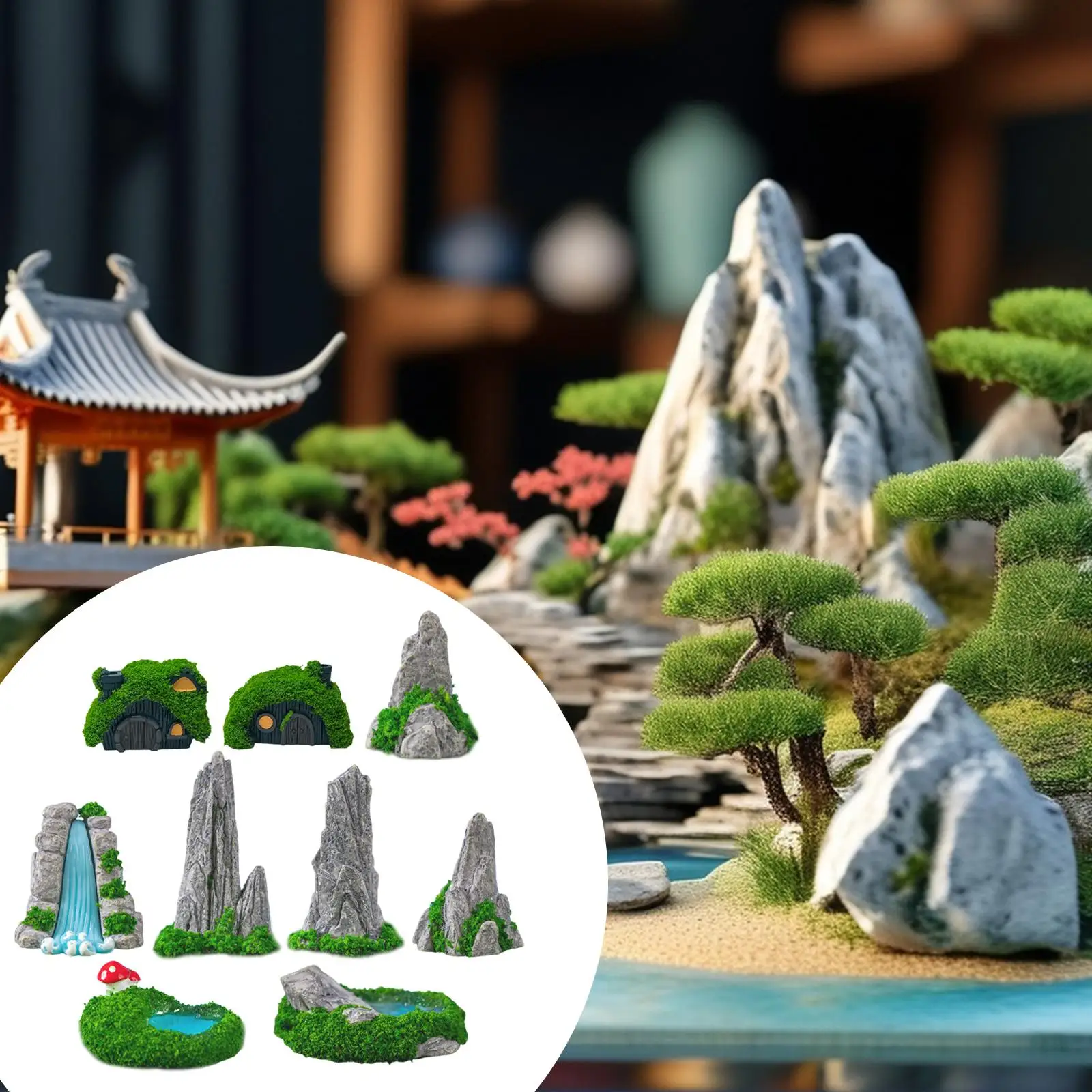 9Pcs Mini Bonsai Figurines Garden Water Features Resin Sculpture Artistic
