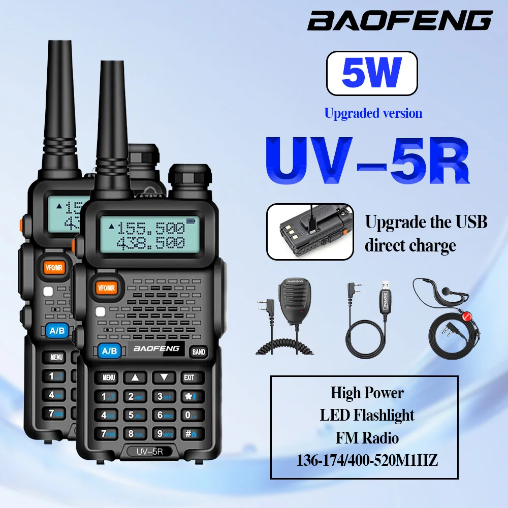 2PCS Baofeng Walkie Talkie UV 5R 5W Dual Band Ham Two Way Radio Vhf Uhf FM Radio Handheld Transceiver Hunting Portable Handheld