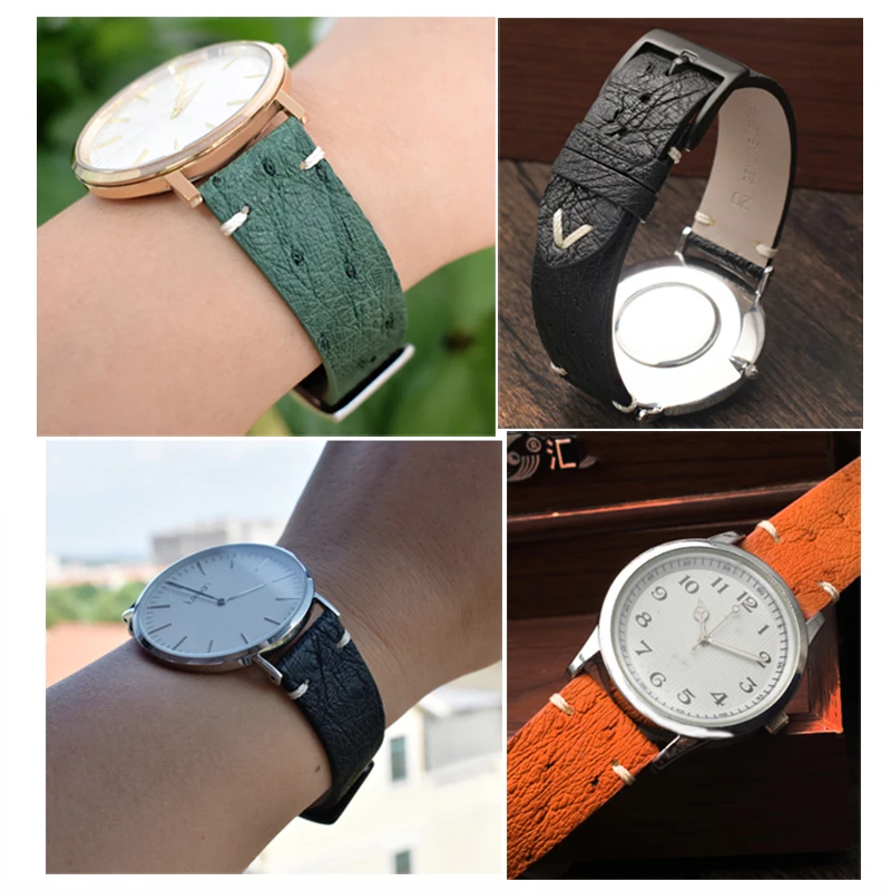 18mm 20mm 22mm Vintage Ostrich Leather Watchband for Seiko Prospex Green Water Ghost Omega Seamaster 300 Watch Strap Bracelet